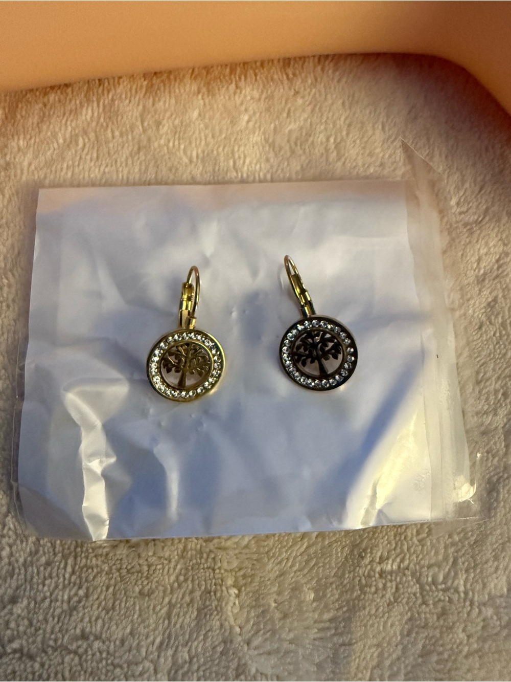 Gold Tree of Life Dangle Earrings with Crystal Border